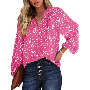 Women's Casual Boho Floral Printed Chiffon Blouses Smocked V Neck Long Sleeve Loose Fashion Shirts Tops 2024