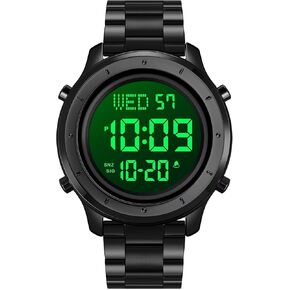 PASOY Mens Big Dial Digital Leather Watch Simple Large Display Countdown Alarm Stopwatch LED Backlight Business Multifunction Watches