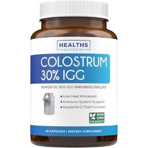 Colostrum 1,000mg (Non-GMO) 30% IgG Immunoglobulins - Immune System Support, Gut Health & Respiratory Health Supplement - Low Heat Processed Bovine Colostrum - 60 Capsules - No Powder or Pills