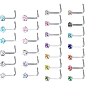 ZS 26PCS 20g Surgical Stainless Steel Tiny Cubic Zirconia Nose Stud Ring Piercing L-Shape Nose Rings Set