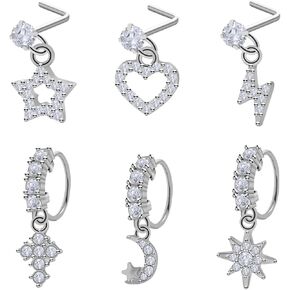 20G Dangle Nose Rings Studs Stainless Steel Nose Piercing Hoop Nose Ring for Women CZ Dangling Nose L Shaped Studs Set Silver Gold Black Nose Nostril Piercing Jewelry