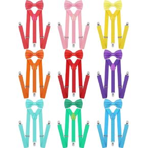 Handepo 9 Sets Solid Color Men's Suspender Bow Tie Set Elastic Bow Tie Suspenders Adjustable Bow Tie and Suspender Sets(Fresh Colors)