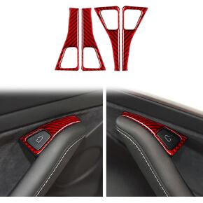 Carbon Fiber Car Door Control Switch Frame Panel Compatible with Tesla Model 3 Model Y 2017 2018 2019 2020 2021 2022 Door Lock Open Button Panel Cover Trim Interior Accessories Red (4Pcs)