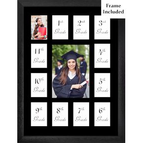 School Picture Frame Pre-k to 12 Graduation, Black Frame with Mat, 5x7 and Twelve 2"x3" Photos