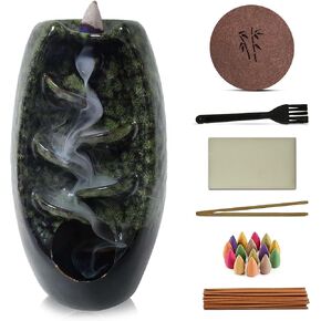 Ceramic Backflow Incense Holder Smoke Waterfall Burner Set with 120 Backflow Incense Cones, 30 Incense Sticks & Premium Accessories for Aromatherapy Home Decor
