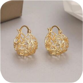 14K Gold Plated Gold Statement Hoop Earrings for Women Huggie Earrings Dome Tree of Life Earring Leverback Filigree Ball Drop Dangle Earrings Trendy Chunky Huggie Earrings