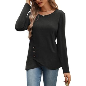 Womens Crew Neck Long Sleeve Shirts Asymmetrical Hem Loose Fit T Shirt Fall Button Side Dressy Casual Tops