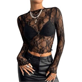 GORGLITTER Women's Lace Sheer Long Sleeve T Shirt Mesh See Through Tops Streetwear