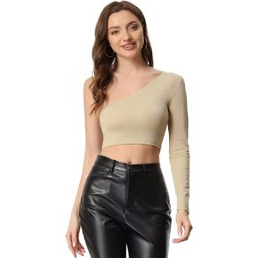 Allegra K Glitter Crop Top for Women's Christmas Metallic Clubwear Slim Fitted One Shoulder T-Shirt