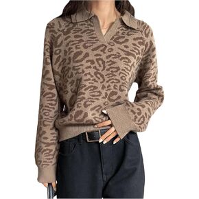 MakeMeChic Women's Collared Striped Sweater V Neck Long Sleeve Pullovers Casual Knit Tops