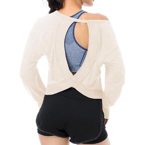 EYZH Womens Open Back Long Sleeve Workout Tops Athletic Shirts Loose Yoga Gym Crop Top with Thumb Hole