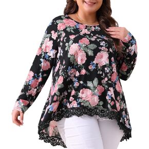 Agnes Orinda Plus Size Tops Women Crew Neck Lace Trim A-Line High Low Hem Floral Blouse Tunic Tops