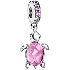 Murano Glass Deep Pink Sea Turtle Dangle Charm 925 Sterling Silver Pendant,Jewelry Beads Gifts for Women Bracelet&Necklace A0043-6