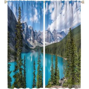 Lake Deocr Curtain, Nature Mountain Forest Scenic Beautiful Lake Landscapes Home Decor Windows Rod Pocket Curtains for Kitchen Cafe Office Bedroom Living Room Drapes 42x54in
