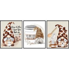 Silly Goose Gifts Coffee Gnome Themed Wall Art Decor Kitchen Room Sign Decoration Poster Set Pictures Unframed (4pc)