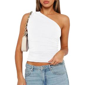 Women's One Shoulder Crop Tops - Sleeveless Ruched Going Out Tank Cami Top Slim Fit Y2K T Shirt 2024