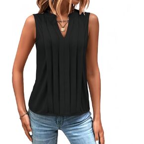YOXUA Womens Summer Basic Tank Tops, V Neck Sleeveless Pleated Clothes Teacher Loose Tunic Shirts Outfits