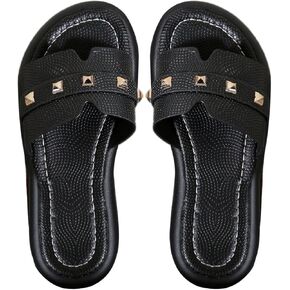 OYOANGLE Women's Studded H Band Flat Sandals Open Toe Leather Slide Sandals Summer Beach Slipper