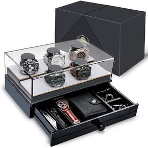 Men's Watch Box Elevate Your Watch Collection – Wooden Watch Display Case for 5 Watches – Unique Gifts for Him, Boyfriend, Dad (Black)
