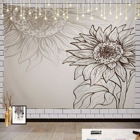 Batmerry Sunflower Flower Tapestry, Black and White Sunflower Sketch Design Picnic Mat Hippie Trippy Tapestry Wall Art Meditation Decor for Bedroom Living Room, 59.1 x 82.7 Inches, Black Brown White