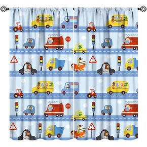 Kids Cartoon Cars Curtains, Colorful Transportation Car Bus Truck Taxi Traffic Light Blue Print Window Treatments for Living Room Boys Bedroom, 42x45in （No Blackout）