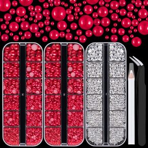 4000PCS Flatback Rhinestones and Half Round Pearls Kit #1, Multi Size Glass Clear & AB Crystals, Plastic Flat Back White AB & Beige AB Dome Bead with Pickup Pencil and Tweezer for Nail Art