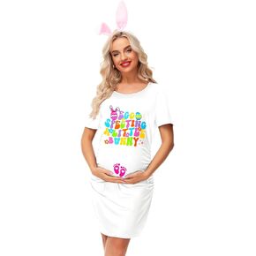 Easter Day Pregnancy Dresses for Women Bump Friendly Eggs Bunny Printed Short Sleeve Maternity Outfit White L