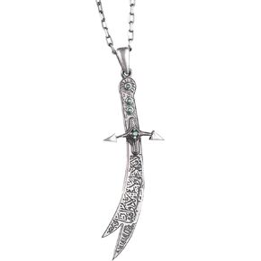 KAMBO Zulfiqar Sword Necklace in 925 Sterling Silver with Arabic Inscription - Imam Ali Pendant with Cubic Zirconia in White, Green, Red