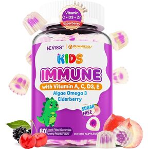 Elderberry + Vitamin C & Zinc Immune Support Gummies for Kids 4+, Omega-3, Vitamin D3, A, E, Sugar Free Daily Childrens Daily Multi Vitamins Gummy | Immunity, Eye & Brain Health | Non-GMO, 60 Count