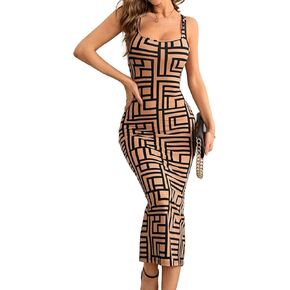 SKYAS Womens Maxi Bodycon Tank Night Out Tight Dress Sleeveless Square Neck Pattern Printed Club Long Dress