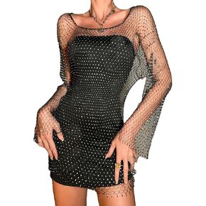 WDIRARA Women's Rhinestone Square Neck Hollow Out Long Sleeve Party Club Sheer Bodycon Dress