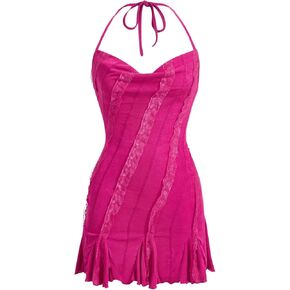 SHENHE Women's Lace Cowl Neck Ruffled Tie Halter Dress Sexy Backless Party Club Dress