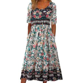 Summer Dresses for Women 2024 Casual Floral Short Sleeve A line Maxi Dress Boho Beach Vacation Sundress with Pockets