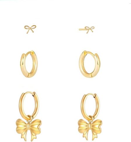3 Gold Hoop Earrings SET 14K Gold Plated Earring Stacks Butterfly Heart Star Moon Bow Rhombus Pearl Hoop Charm Earrings Dangle for Women Trendy in Saudi Arabia