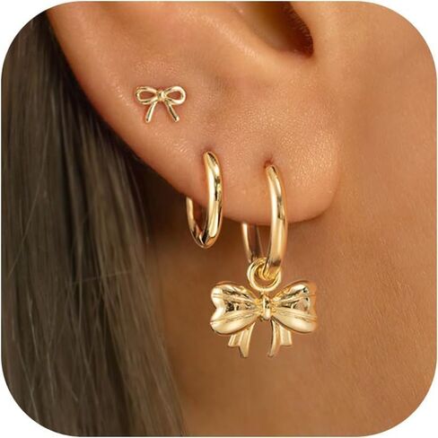 3 Gold Hoop Earrings SET 14K Gold Plated Earring Stacks Butterfly Heart Star Moon Bow Rhombus Pearl Hoop Charm Earrings Dangle for Women Trendy in Saudi Arabia