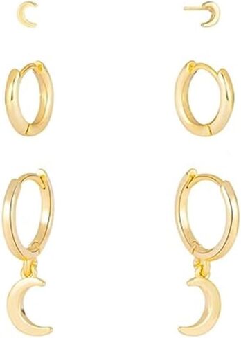 3 Gold Hoop Earrings SET 14K Gold Plated Earring Stacks Butterfly Heart Star Moon Bow Rhombus Pearl Hoop Charm Earrings Dangle for Women Trendy in Saudi Arabia