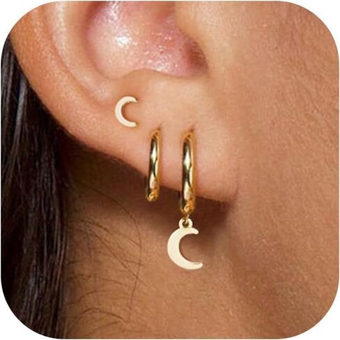 3 Gold Hoop Earrings SET 14K Gold Plated Earring Stacks Butterfly Heart Star Moon Bow Rhombus Pearl Hoop Charm Earrings Dangle for Women Trendy in Saudi Arabia