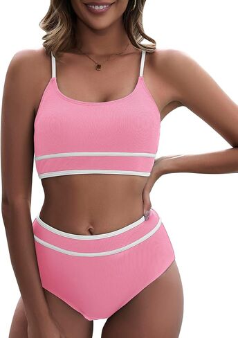 Century Star High Waisted Bikini Sets for Women Sporty Two Piece Swimsuit Ribbed Color Block Bathing Suit in Saudi Arabia