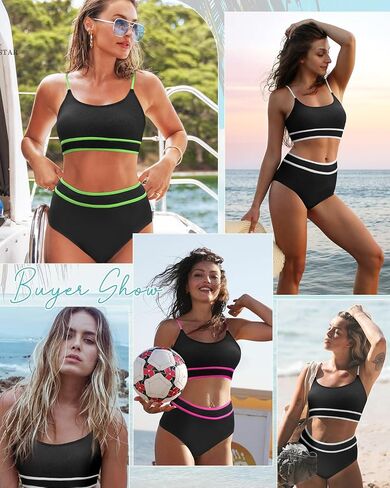 Century Star High Waisted Bikini Sets for Women Sporty Two Piece Swimsuit Ribbed Color Block Bathing Suit in Saudi Arabia