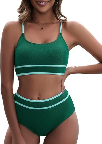 Century Star High Waisted Bikini Sets for Women Sporty Two Piece Swimsuit Ribbed Color Block Bathing Suit in Saudi Arabia