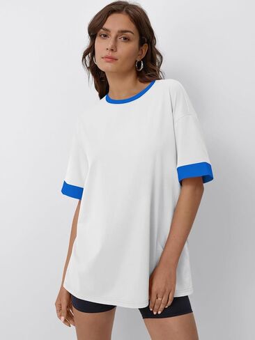 Trendy Queen Oversized Tshirts for Women Plus Size Summer Tops 2025 Workout Short Sleeve Shirts Color Block Tees in Saudi Arabia