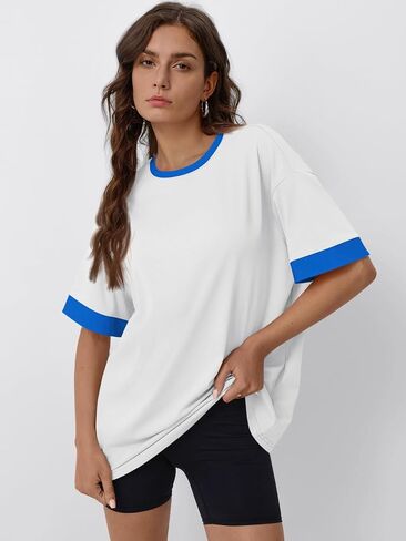 Trendy Queen Oversized Tshirts for Women Plus Size Summer Tops 2025 Workout Short Sleeve Shirts Color Block Tees in Saudi Arabia