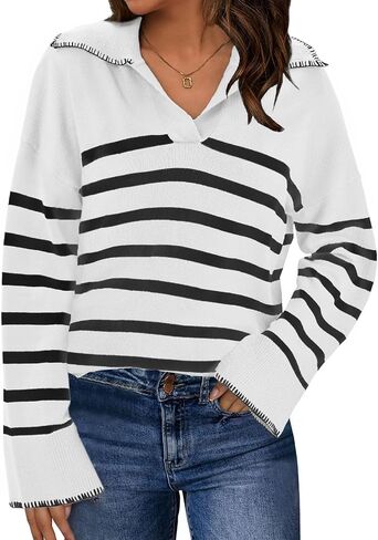 Bloggerlove Women's V Neck Striped Sweaters Fall Oversized Collared Long Sleeve Chunky Knit Pullover Sweater 2024 Tops in Saudi Arabia