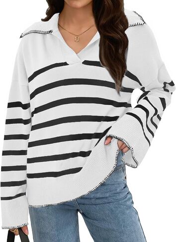 Bloggerlove Women's V Neck Striped Sweaters Fall Oversized Collared Long Sleeve Chunky Knit Pullover Sweater 2024 Tops in Saudi Arabia