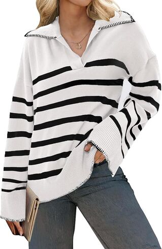 Bloggerlove Women's V Neck Striped Sweaters Fall Oversized Collared Long Sleeve Chunky Knit Pullover Sweater 2024 Tops in Saudi Arabia