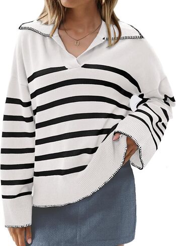 Bloggerlove Women's V Neck Striped Sweaters Fall Oversized Collared Long Sleeve Chunky Knit Pullover Sweater 2024 Tops in Saudi Arabia