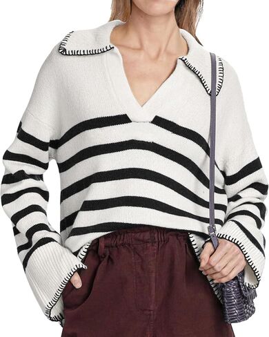 Bloggerlove Women's V Neck Striped Sweaters Fall Oversized Collared Long Sleeve Chunky Knit Pullover Sweater 2024 Tops in Saudi Arabia