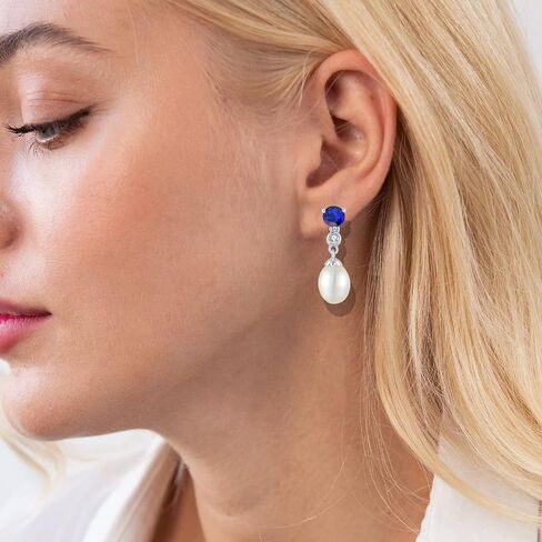 Pearl Earrings 925 Sterling Silver Cubic Zirconia Pearl Dangle Earrings with 8 * 10mm Freshwater Cultured Pearl Earrings for Bride Mother Birthday Gift in Saudi Arabia