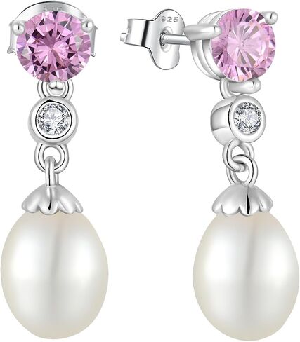 Pearl Earrings 925 Sterling Silver Cubic Zirconia Pearl Dangle Earrings with 8 * 10mm Freshwater Cultured Pearl Earrings for Bride Mother Birthday Gift in Saudi Arabia