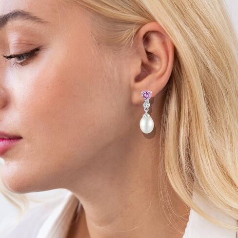 Pearl Earrings 925 Sterling Silver Cubic Zirconia Pearl Dangle Earrings with 8 * 10mm Freshwater Cultured Pearl Earrings for Bride Mother Birthday Gift in Saudi Arabia